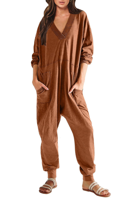 Women's V-neck Long Sleeve Solid Color Loose Jumpsuit With Two Side Pockets 
