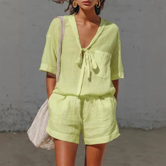 Summer New Solid Color Casual Cardigan Lace-up Short-sleeve Shirt Loose Shorts Set For Women 