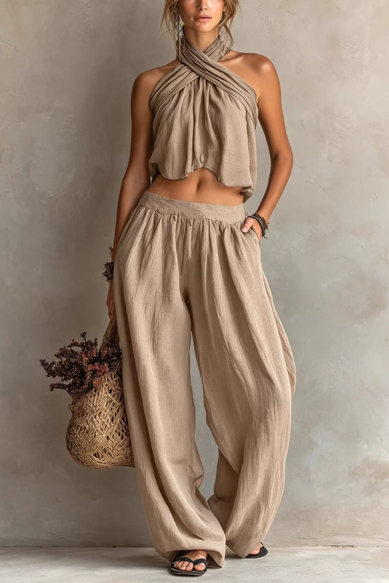 Womens Loose-Fit Sleeveless Top And Wide-Leg Pants Two-Piece Set 