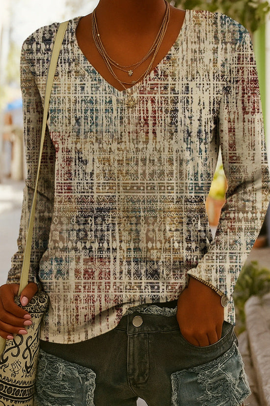 Fashionable Ethnic-Style Printed V-Neck Long-Sleeve T-Shirt 