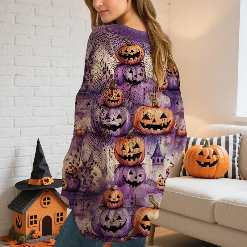 Women's Diamond Hollow Out Batwing Sleeve Top - Loose Fit Pumpkin Halloween Print Blouse For Spring Summer CJ US