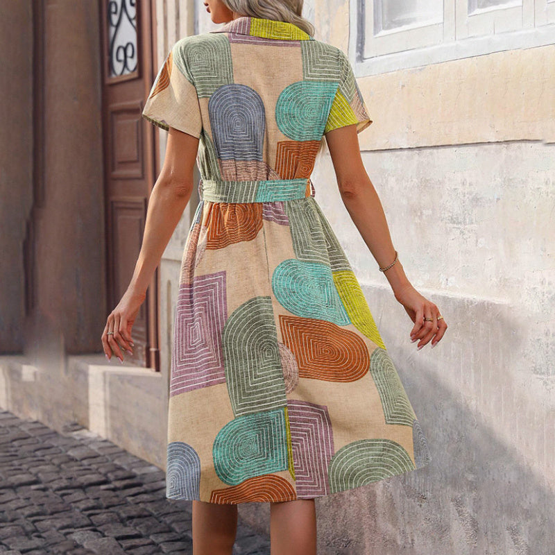 Women's Bohemian Floral Midi Dress V-Neck Short Sleeve Casual Dress, Slight Stretch Woven Fabric, Vibrant Print,  Summer Fashion CJ