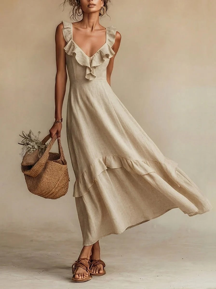 Elegant And Chic Cotton-Linen Dress With Ruffled Flutter Sleeves And A Flowing Hem 