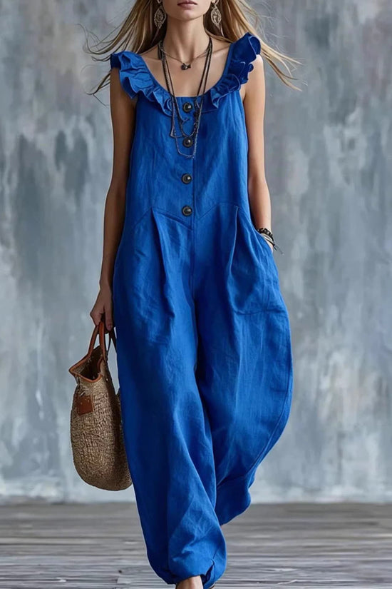 Womens Solid-Colored Sleeveless Button-Down Jumpsuit 