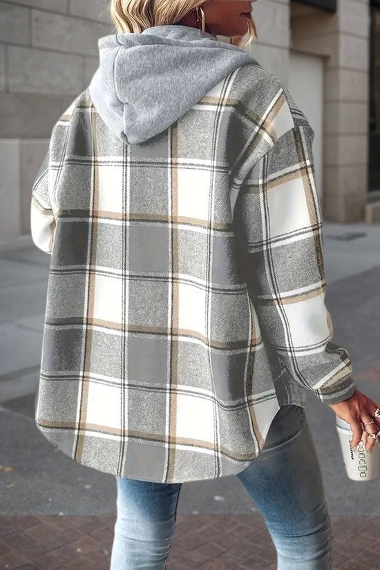 New Plaid Pattern Long Sleeved Hook And Loop Wool Lined Hooded Jacket For Warmth, Women's Plaid Hooded Drawstring Jacket, Single Breasted Closure, Comfortable And Casual CJ US