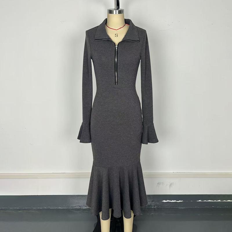 Women's Half Zip Bodycon Dress - Flared Sleeve & Fishtail Hem Long Sleeve Dress 
