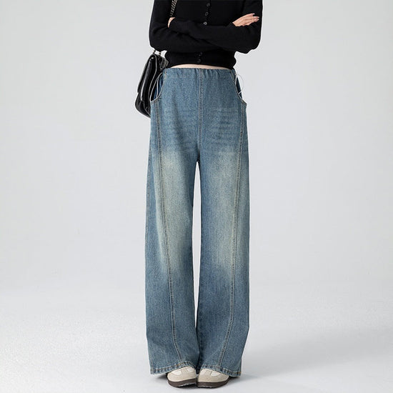 Retro Loose Straight-Leg High-Waist Floor-Length Wide-Leg Maternity Jeans 