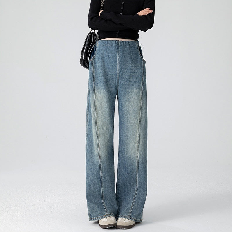 Retro Loose Straight-Leg High-Waist Floor-Length Wide-Leg Maternity Jeans 