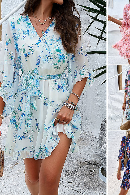 Floral Print Short Sleeves Dress V-neck Short Dresses | Diversi