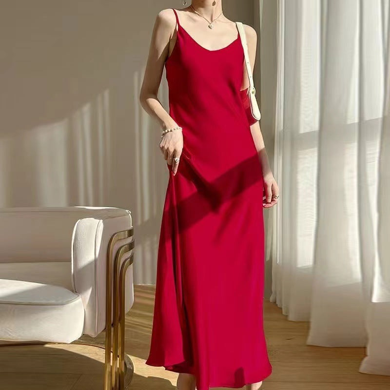 New Style French-Style Summer Acetate Satin Loose Strap Long Dress 