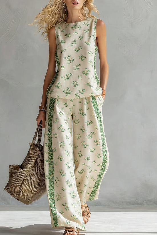Women's Casual Sleeveless Printed Wide-Leg Pants Two-Piece Set 