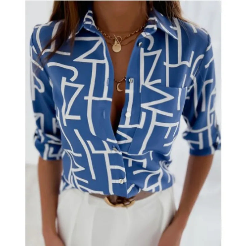 Women’s Printed Long-Sleeve Lapel Shirt | Casual Elegant Blouse 
