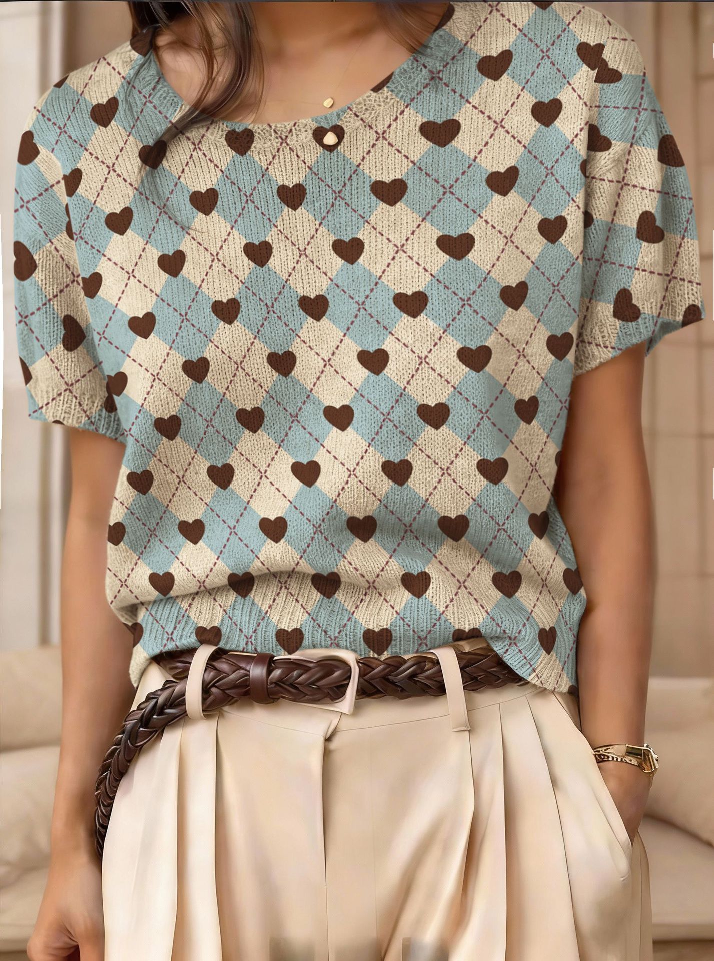 Retro Short-Sleeve Sweater Contrast-Color Jacquard Knit Top 