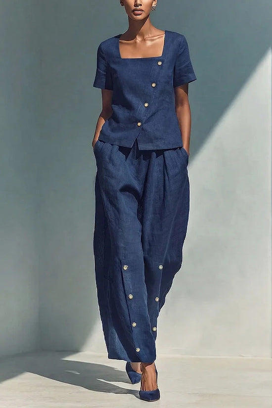 Womens Loose Short-Sleeve Top And High-Waist Pants Two-Piece Set 