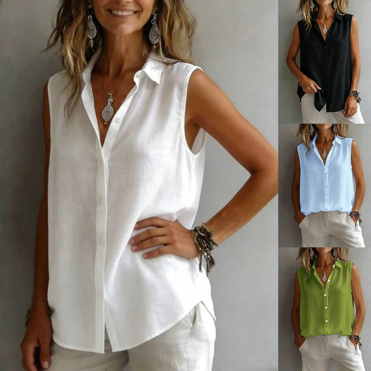 Women's Solid Color Casual Lapel Sleeveless Shirt 
