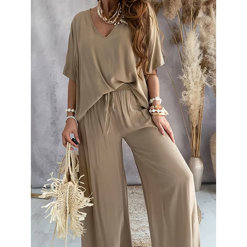 Women's 2 Piece Outfit, Casual Solid Color V-Neck Half Sleeve Top And Wide Leg Pants Lounge Set CJ