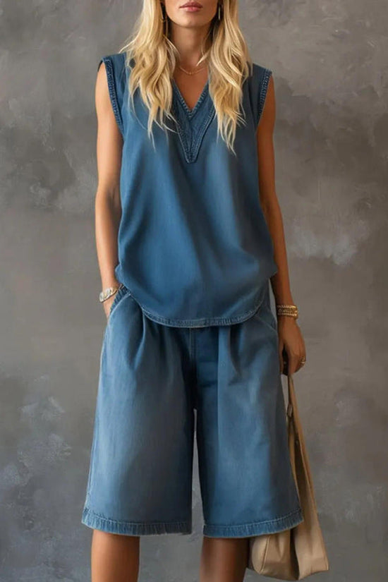 Womens V-neck Sleeveless Loose Top And Casual Wide-leg Shorts Set 