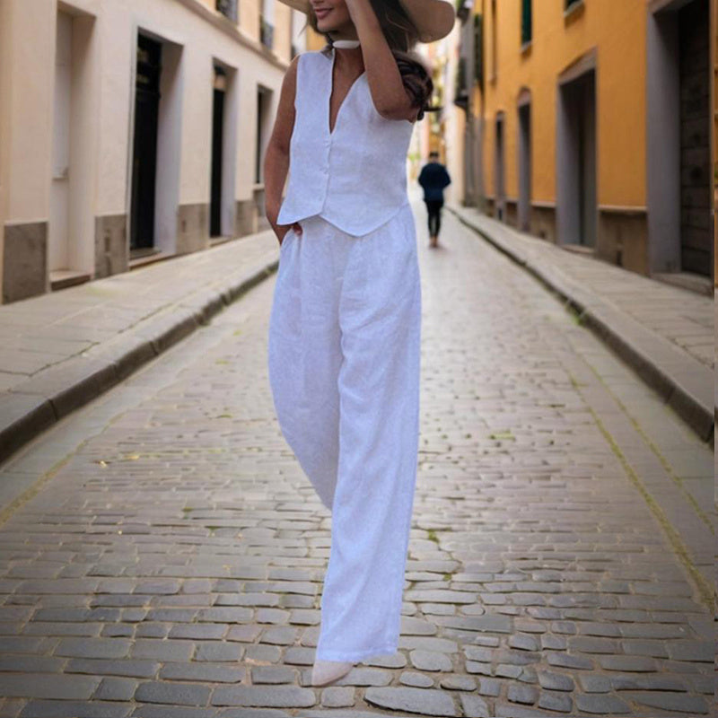 Women's Solid Color V-Neck Vest Two-Piece Set Button Front Vest Top With Pocket Pants For Spring & Summer Casual Outfit CJ US