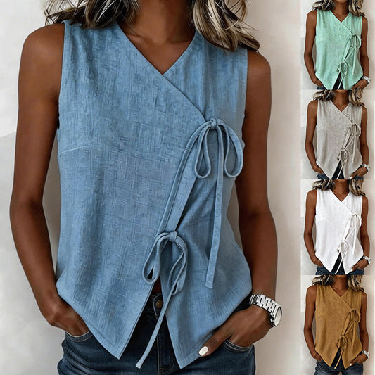 Womens Bow-Tied V-Neck Top Sleeveless Tank Top 