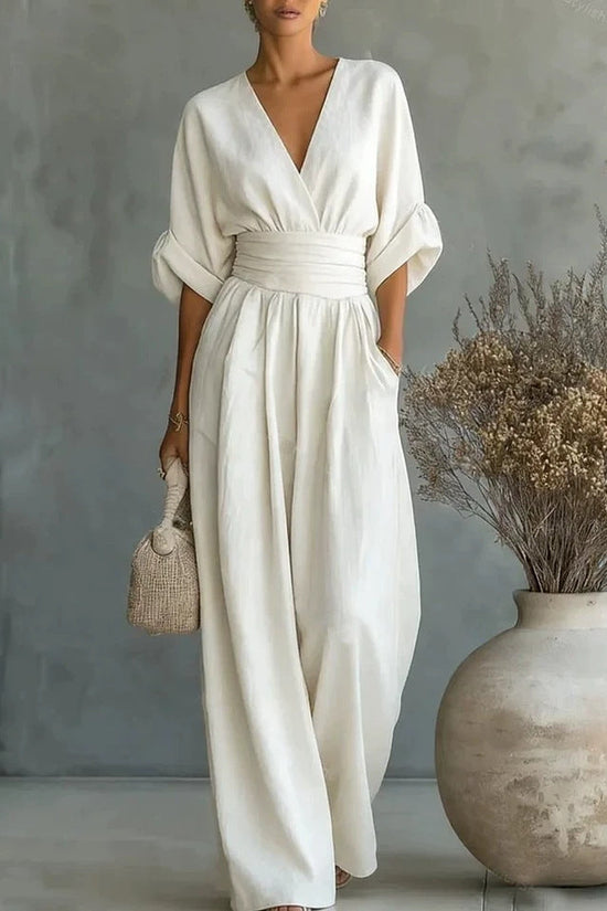 Summer Short-sleeved Jumpsuit Fashion Casual V-Neck Wide-Leg Pants Womens Clothing 