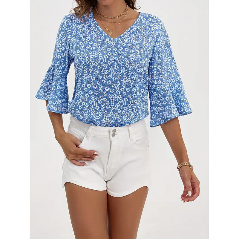 Womens Summer Floral Print Blouses V-Neck Flare Sleeve Tops Dressy Casual T-Shirts CJ US