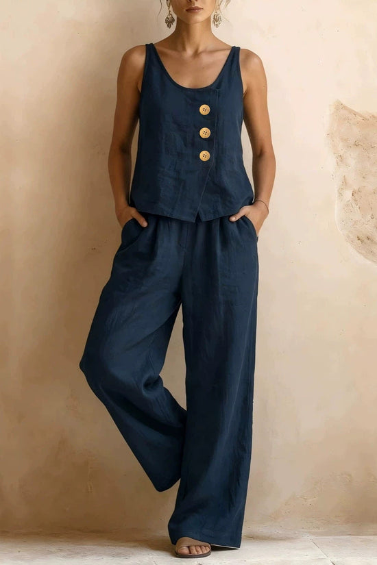 Women's Cotton Linen Sleeveless Tank Top & Pants Two-Piece Set 