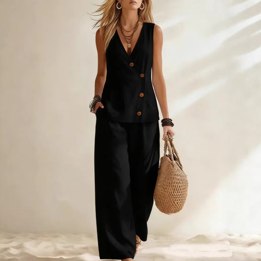 Women's Button Up Cardigan Vest Pants Set 