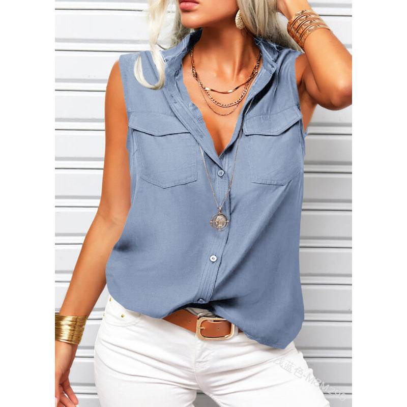 Solid-color Lapel-collar Loose-fit Sleeveless Top With Pockets 