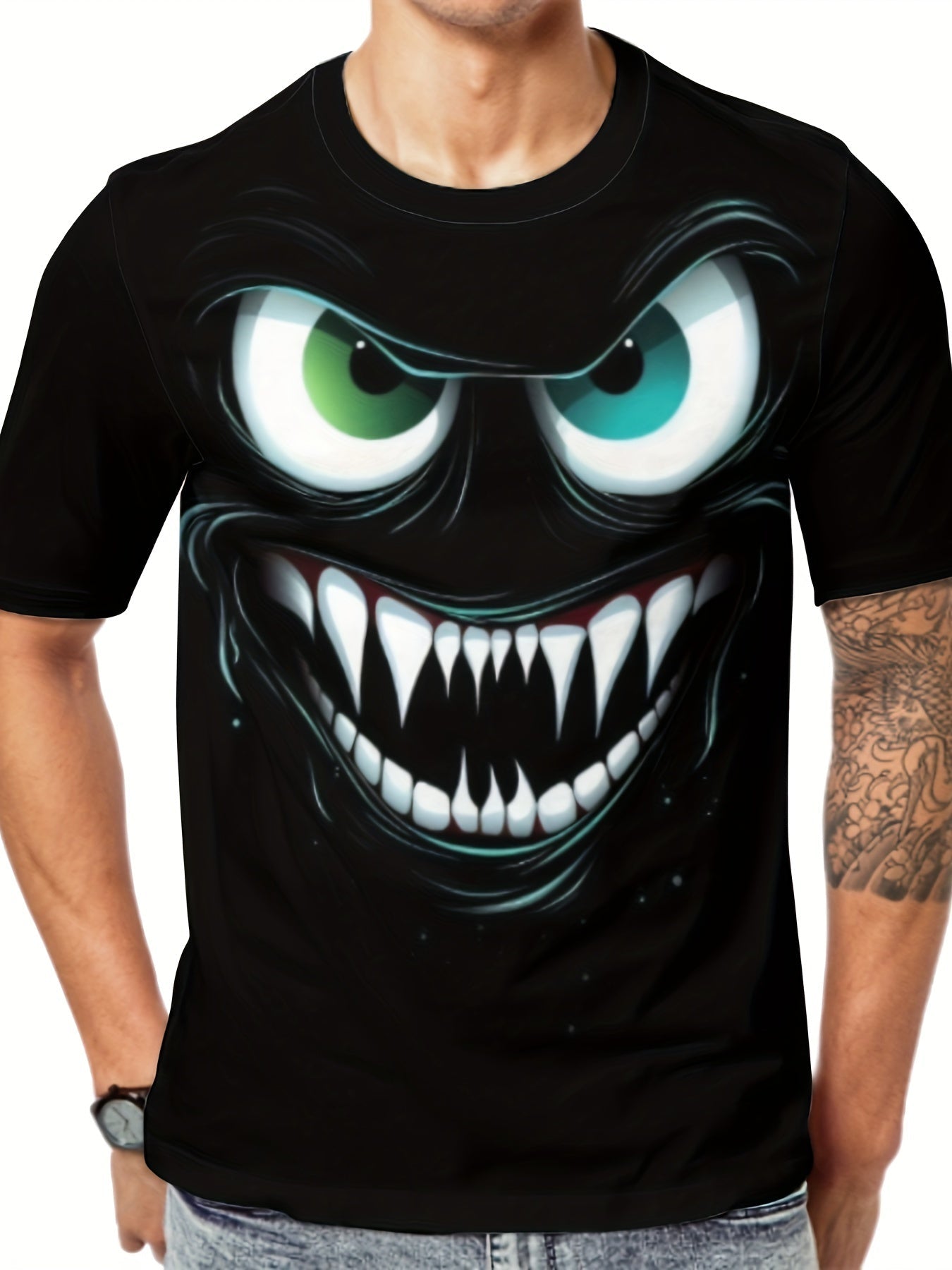 Men's Novel 3D Evil Smiling Face Printed T-shirt, Casual And Fashionable T-shirt, Street Style Short Sleeved Round Neck Shirt CJ US