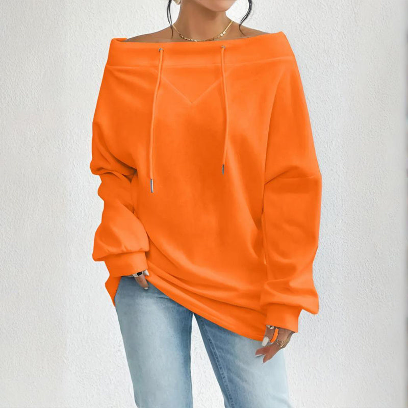 Plus Size Women's Solid Color Off-Shoulder Long Sleeve Pullover With Drawstring - Casual Ribbed Detail Top For Spring&Fall CJ US