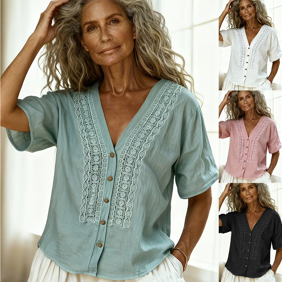 Loose-fit Faux Linen Embroidered Button-up Top 