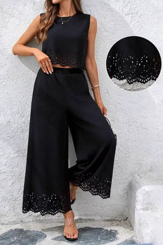 Fashionable Resort-Style Casual Hollow-Out Tank Top And Pants Two-Piece Set 