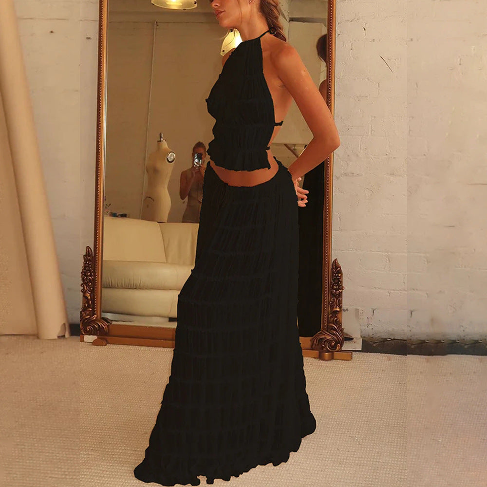 2pcs Women's Dress Suit Sexy Sleeveless Backless Cropped Halter Top And Pleated Long Skirt Beach Clothing FitiqueFit