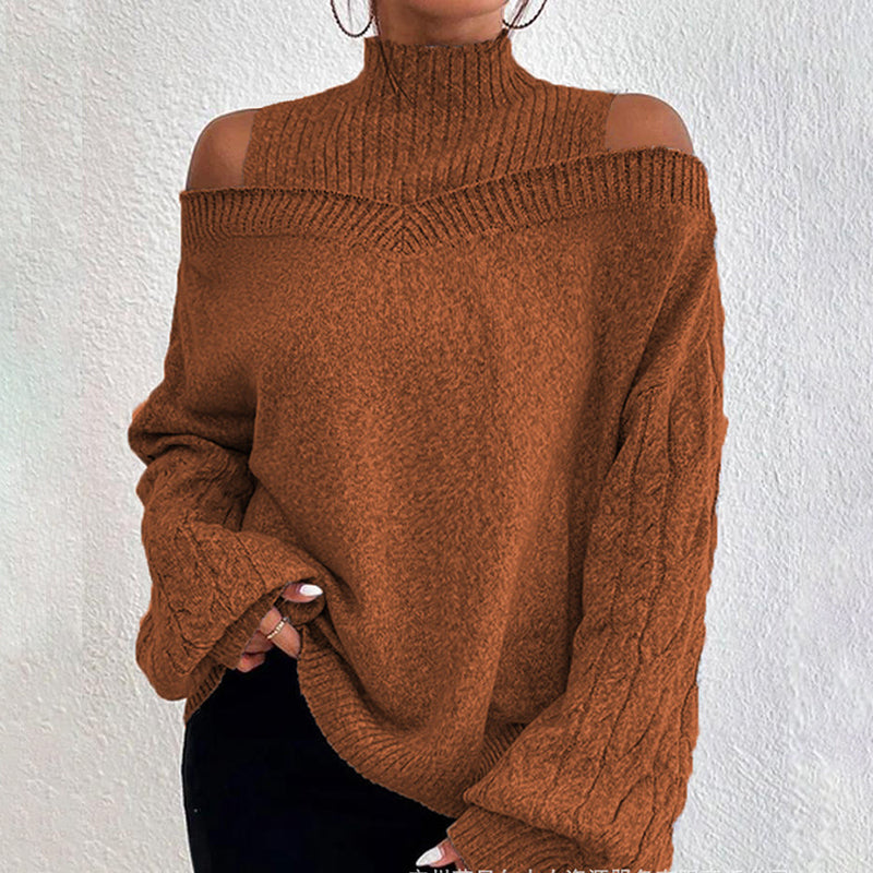 Women's Cold Shoulder Sweater - Sexy High Neck Cut Out Pullover Long Sleeve Top 