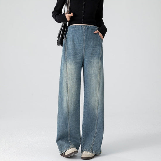 Retro Loose Straight-Leg High-Waist Floor-Length Wide-Leg Maternity Jeans 