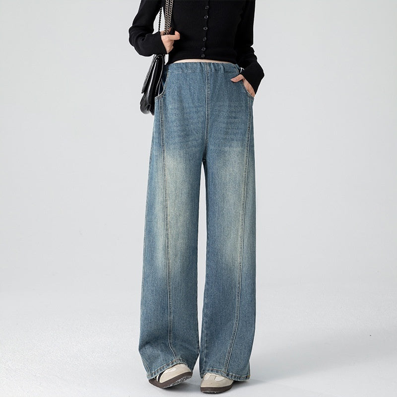 Retro Loose Straight-Leg High-Waist Floor-Length Wide-Leg Maternity Jeans 