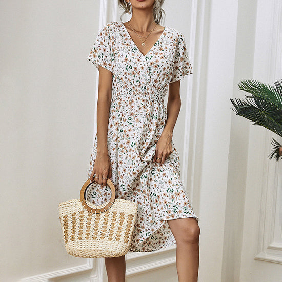 Women's V-Neck Floral Print Dress - A-Line Waisted Summer Maxi Dress CJ US