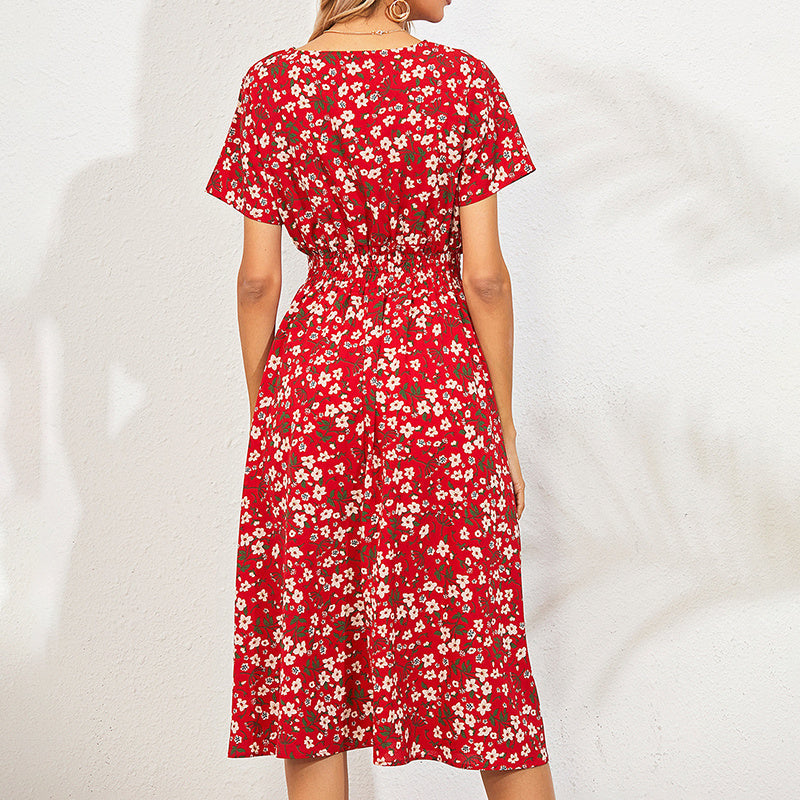 Women's V-Neck Floral Print Dress - A-Line Waisted Summer Maxi Dress CJ US