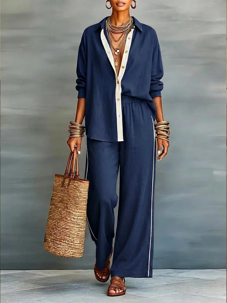 Contrast-color Casual Solid-color Loose Pants Two-piece Set 