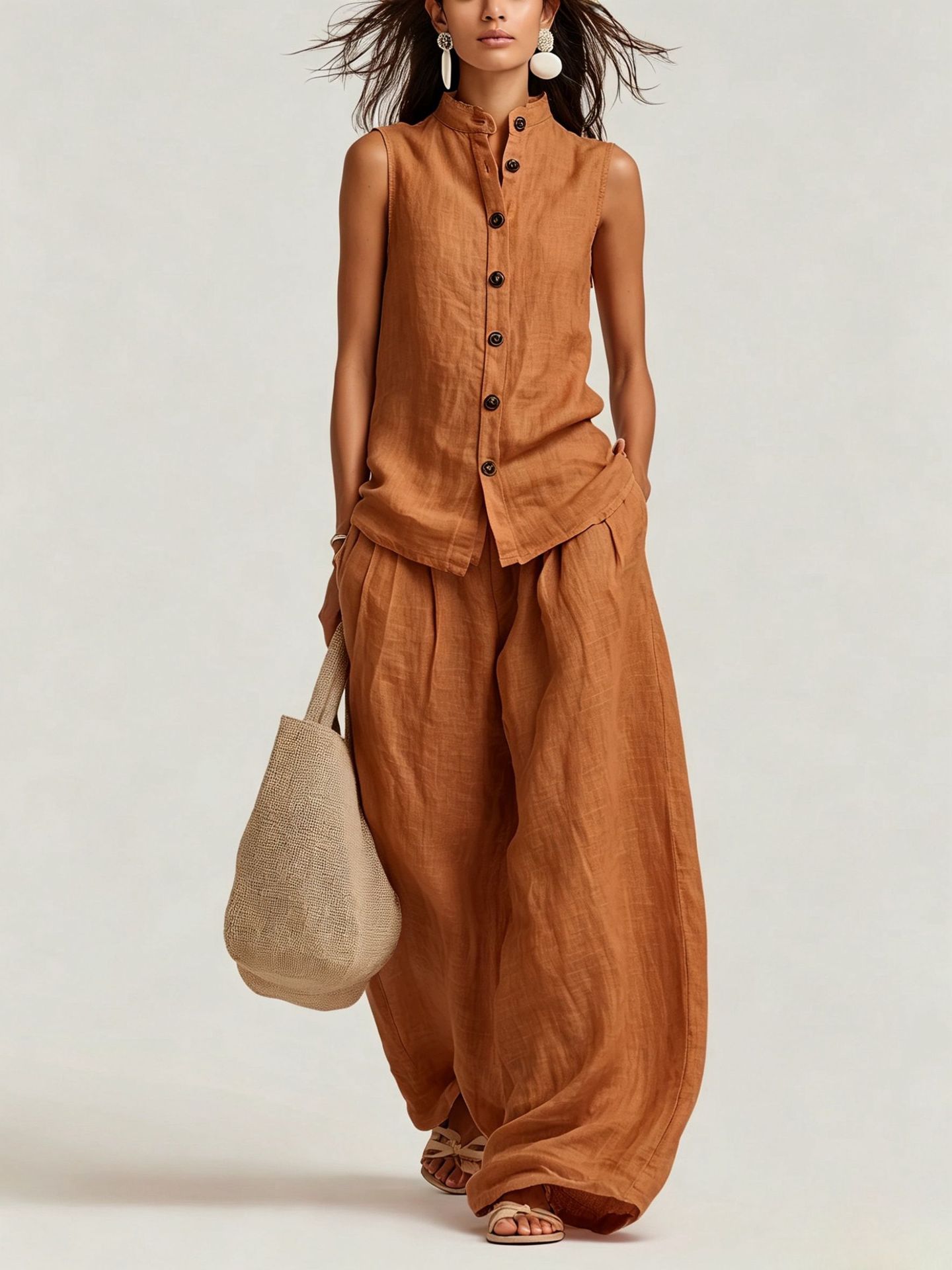 Womens Casual Cotton-Linen Sleeveless Crew-Neck Vest Top And Pants Two-Piece Set 