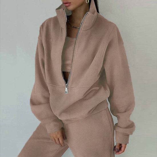 Women's 2-Piece Zip Neck Long Sleeve Sweatshirt & Slim Fit Pants Set - Sporty Streetwear Outfit For Fall&Winter CJ US