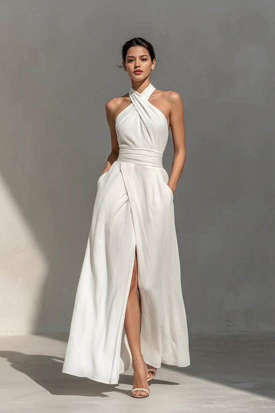 Sleeveless Elegant Slim-fit Pure White Dress 