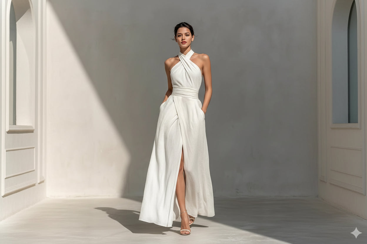 Sleeveless Elegant Slim-fit Pure White Dress 