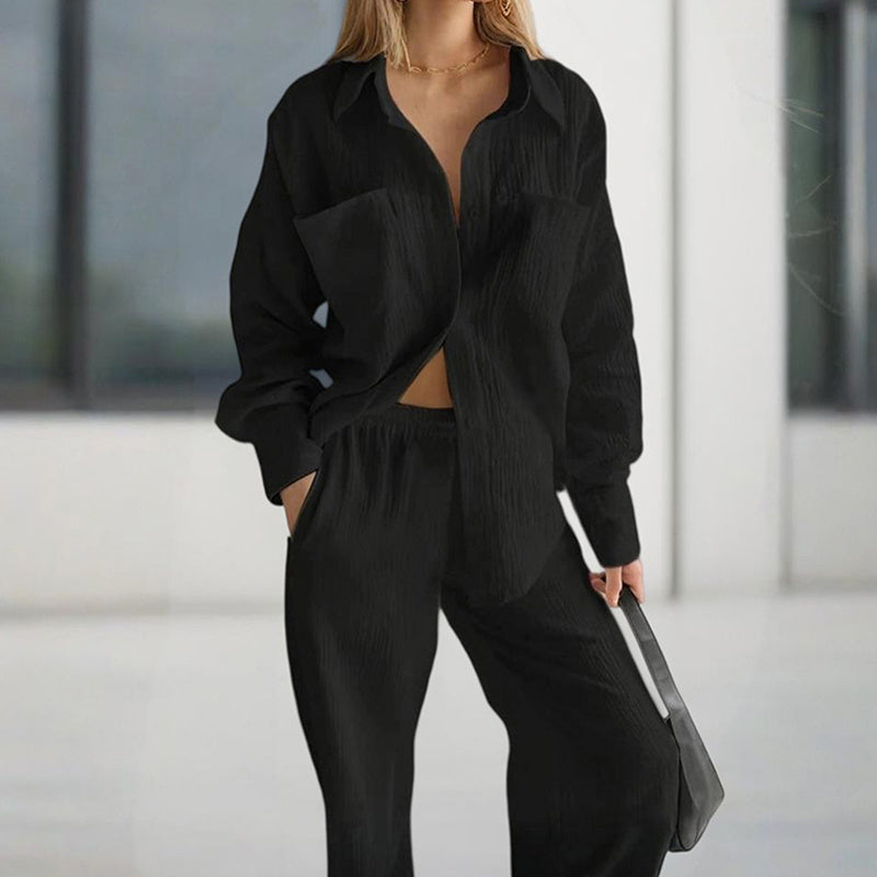 Women's Casual Solid Color Lounge Set - Loose Fit Long Sleeve Top & Pants With Chest Pockets Comfortable Home Wear CJ US