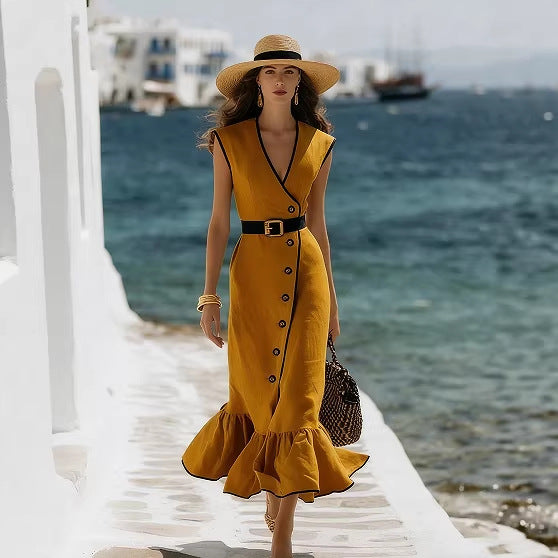 Fashionable V-Neck Linen Blend Midi Dress 