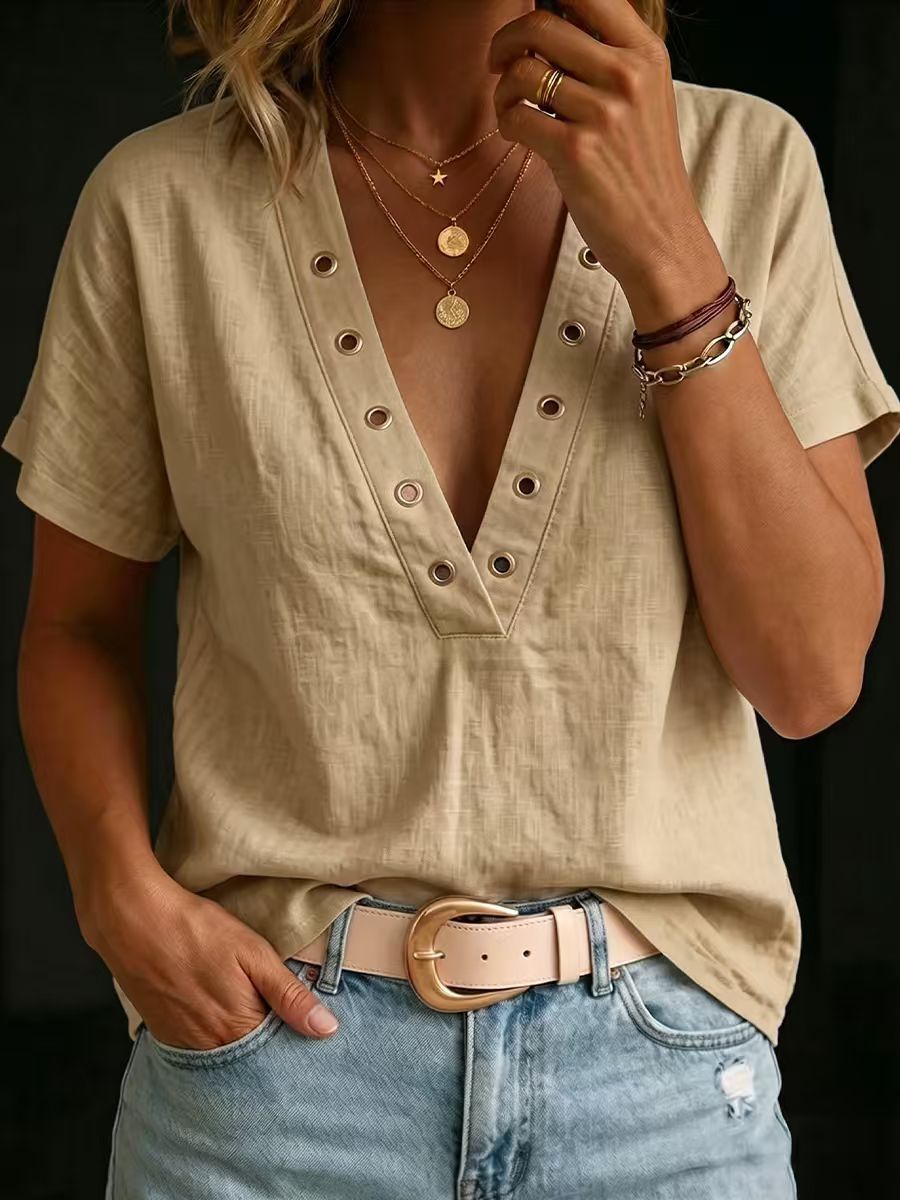 Loose-fitting Casual V-neck Short-sleeve Solid-color Womens Shirt 