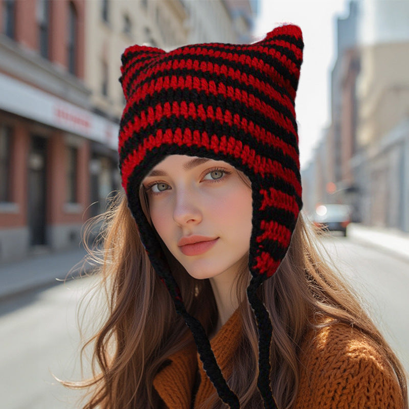 Women’s Hand Knitted Striped Cat Hat – Cute Warm Winter Beanie - FitiqueFit