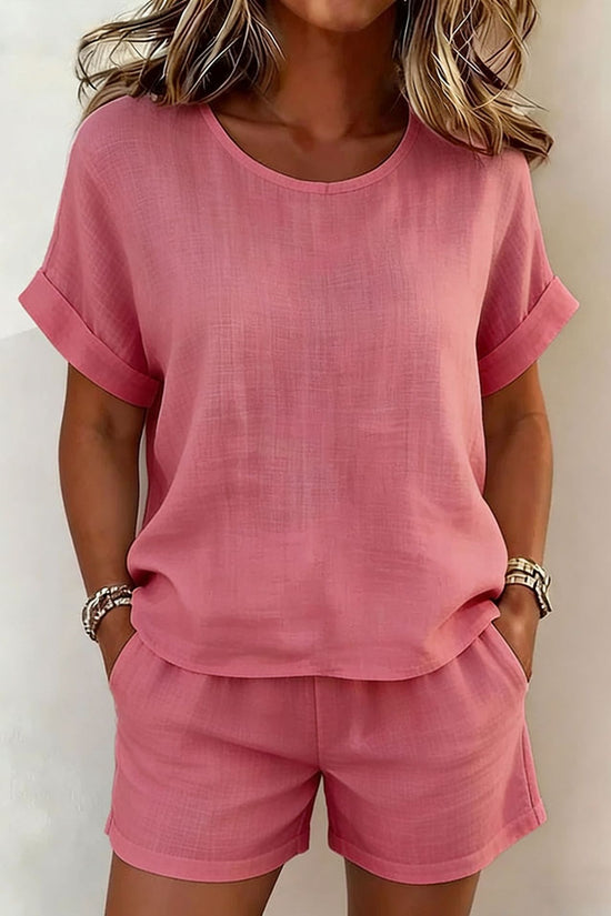 Solid-color Casual Round-neck Short-sleeve Shorts Two-piece Set 