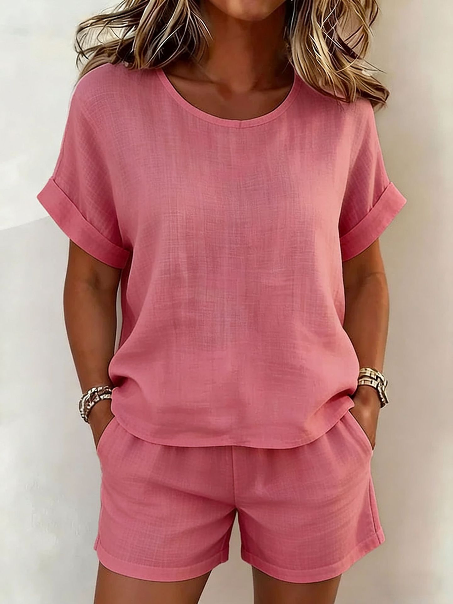 Solid-color Casual Round-neck Short-sleeve Shorts Two-piece Set 