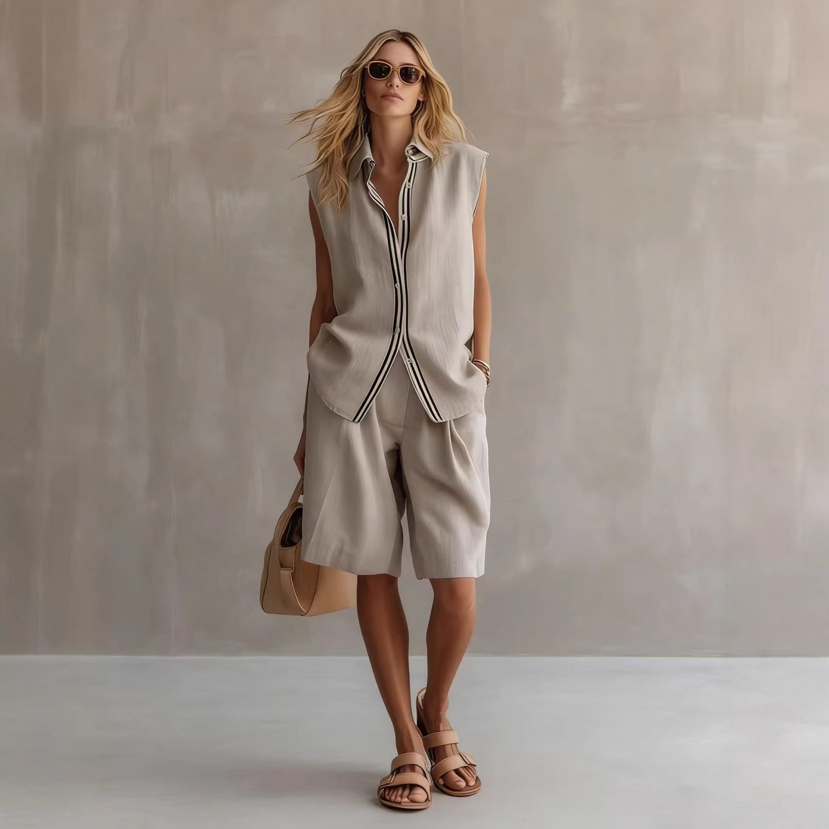 Single-breasted Sleeveless Linen Shirt And Shorts Set 